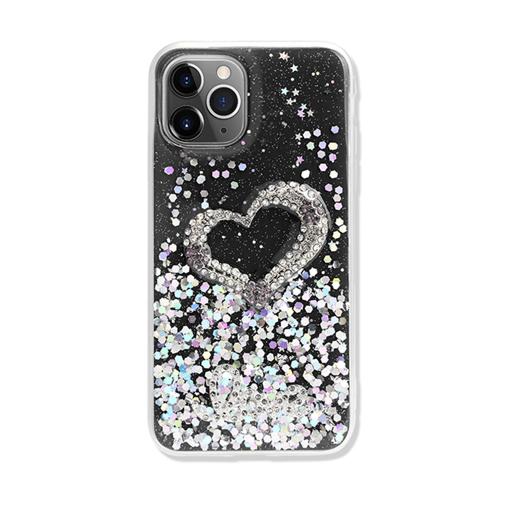 Love Heart Crystal Shiny Glitter Sparkling Jewel Case Cover for iPHONE 11 Pro Max 6.5 (Black)